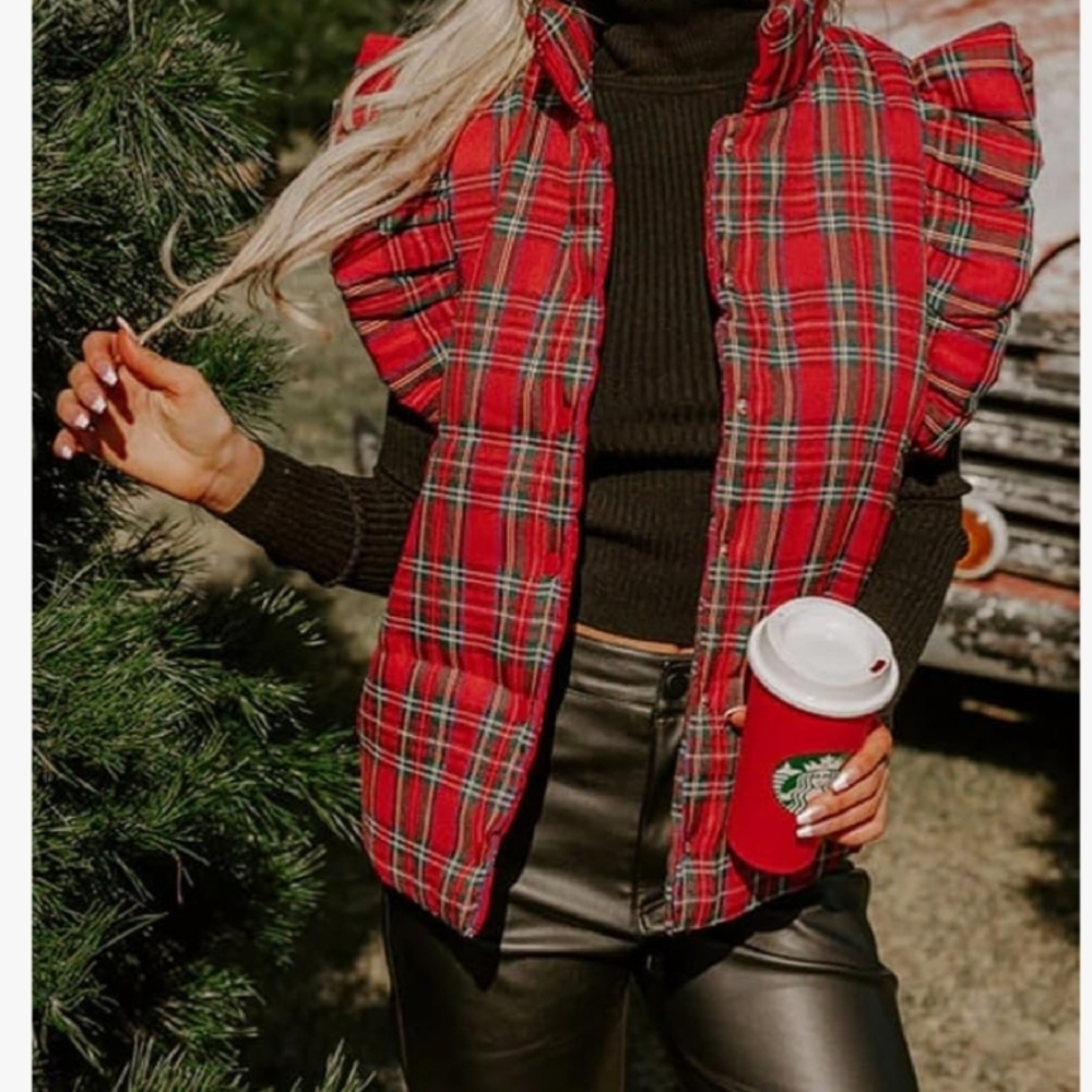 Red Plaid Puffer Vest